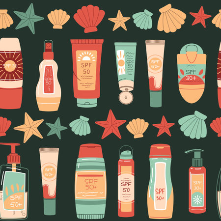 Seamless pattern with sunscreen and seashells. SPF protection for skin from the sun. Summer endless...