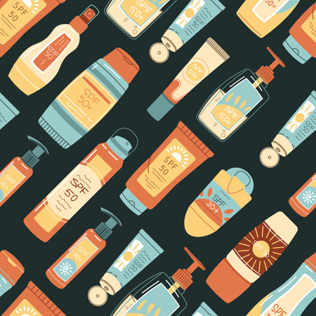 Seamless pattern with sunscreen. SPF protection for skin from the sun. Great for texture, background, wallpaper, scrapbookingのイラスト素材