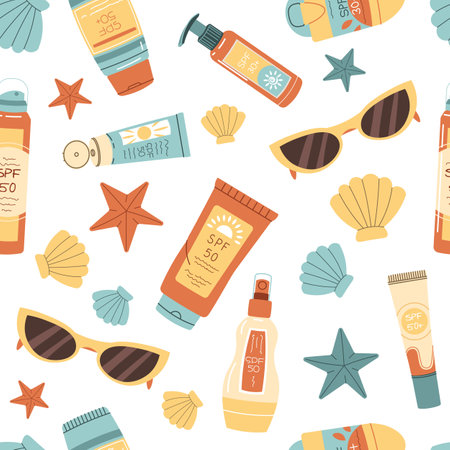 Seamless pattern with sunscreen and seashells. SPF protection for skin from the sun. Summer endless...