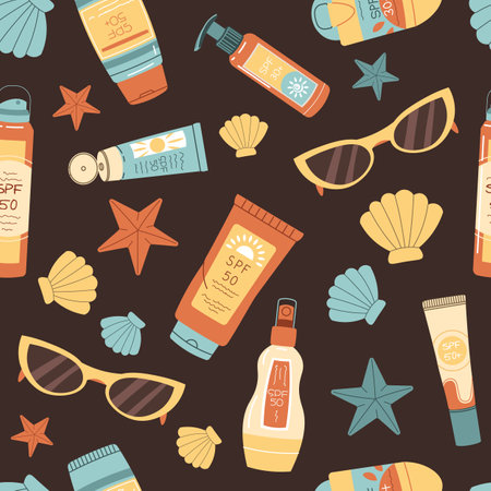 Seamless pattern with sunscreen and seashells. SPF protection for skin from the sun. Summer endless texture. Great for texture, background, wallpaper, scrapbookingのイラスト素材