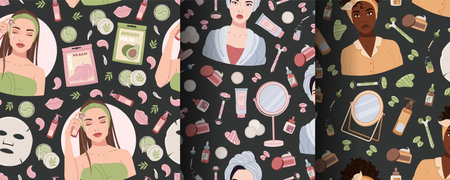 Set of seamless pattern with beautiful girl face mask, creams. Beauty products for moisturizing and caring for facial skin. Morning hygiene procedures. Vector flat illustrationのイラスト素材
