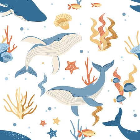 Seamless pattern with cartoon whale. Background with sea animal in flat style. Suitable for decoration, design, stickersのイラスト素材