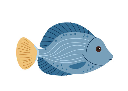 Hand drawn cartoon fish. Vector illustration of a tropical fish in doodle style. Suitable for decoration, sticker design.のイラスト素材