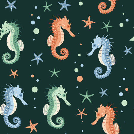 Seamless pattern with cartoon doodle seahorse. Background with sea animal in flat style. Suitable for decoration, design, stickersのイラスト素材