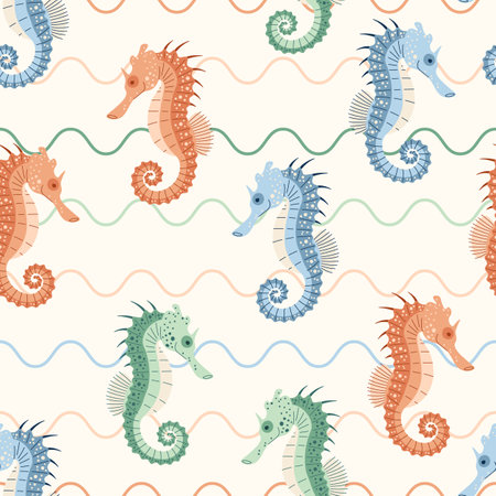 Seamless pattern with cartoon doodle seahorse. Background with sea animal in flat style. Suitable for decoration, design, stickers.のイラスト素材