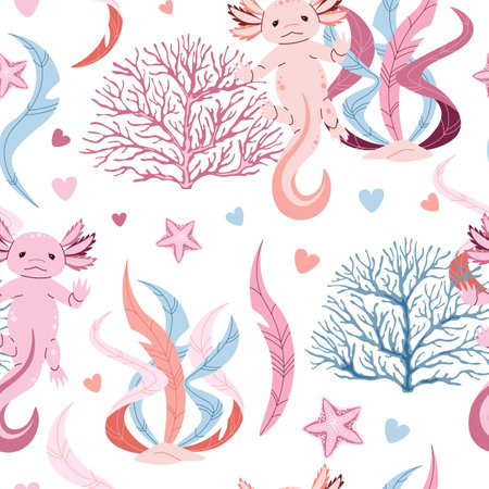 Seamless pattern with cartoon doodle axolotl. Background with cute sea creature in flat style. Suitable for decoration, design, stickers.のイラスト素材
