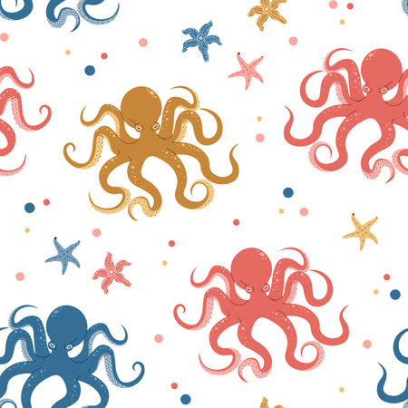 Seamless pattern with cartoon doodle octopus. Background with sea creature in flat style. Suitable for decoration, design, stickers.のイラスト素材
