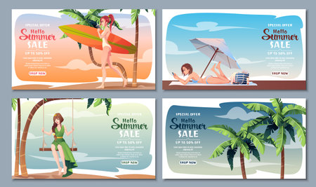 Set of banners with girls relaxing on the beach. Summer holidays, , active holidays, beach. For cards, banners, postersのイラスト素材