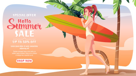 Beautiful Woman is engaged in active recreation on the beach. surfing on the sea. Summer holiday, beach, relaxation. For cards, banners, postersのイラスト素材