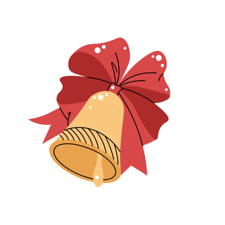 Christmas golden bell with red bow on white background. School bell. Christmas and New Year decoration. Suitable for stickers, prints and design.のイラスト素材