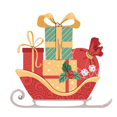 Santa Claus sleigh with gifts on white background. Vector Christmas illustration in flat style. Suitable for stickers, prints and design.のイラスト素材