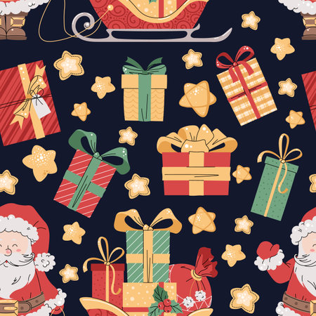 Seamless pattern with Christmas gift boxes and Santa Claus with sleigh. Vector holiday texture in flat style. Suitable for wallpaper, wrapping paper, fabric, etcのイラスト素材