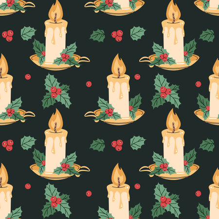 Seamless pattern with Christmas candle decorated with holly. Vector holiday texture in flat style. Merry Christmas and Happy New Year. Suitable for wallpaper, wrapping paper, fabric, etcのイラスト素材