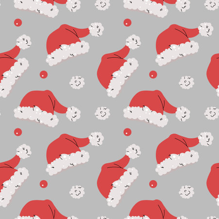 Seamless pattern with Santa hat. Vector holiday texture in flat style. Merry Christmas and Happy New Year. Suitable for wallpaper, wrapping paper, fabric, etcのイラスト素材