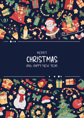 Christmas greeting card with festive elements. Merry Christmas and Happy New Year. Banner, poster, flyer with Santa, Claus, Christmas tree, etcのイラスト素材