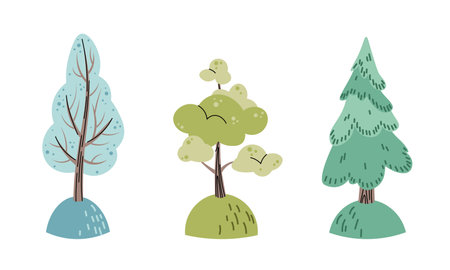 Set of flat cartoon trees on white background. Children s illustration of spruce, oak, poplar for fabric design, wallpaper, greeting cards, etcのイラスト素材