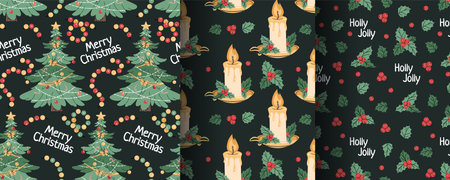 Collection of seamless Christmas patterns with fir tree, candle, oak in flat style. Holiday background with natural Christmas elements. Cartoon texture for fabric, wallpaper, wrapping paper.のイラスト素材