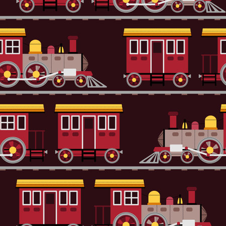 Seamless pattern with a steam locomotive in flat style. Childish background with toy train for fabric, wallpaper, scrapbooking, etc.のイラスト素材