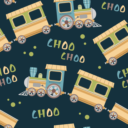 Seamless pattern with a steam locomotive in flat style. Childish background with toy train for fabric, wallpaper, scrapbooking, etc.のイラスト素材