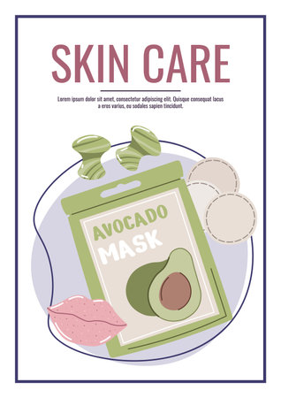 Skin care flyer design. Poster with cosmetic products, face mask. Facial skin care, skin moisturizing. Banner for beauty salon, spa, etcのイラスト素材