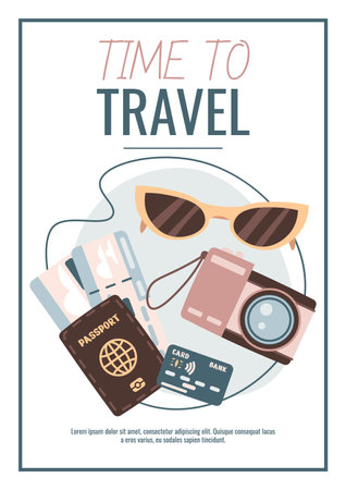 Travel flyer design. Poster with plane tickets, passport, glasses and camera. Travel around the world, summer vacation. Banner for a travel agencyのイラスト素材