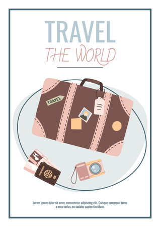 Travel flyer design. Poster with suitcase, tickets, passport and camera. Travel around the world, summer vacation. Banner for travel agencyのイラスト素材