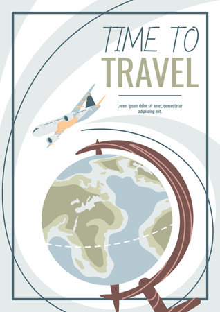Travel flyer design. Poster with globe and plane flying around. Travel around the world, summer vacation. Banner for travel agency.のイラスト素材