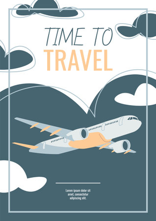 Flyer design travel. Poster with a plane flying in the sky. Travel around the world, summer vacation. Banner for a travel agencyのイラスト素材