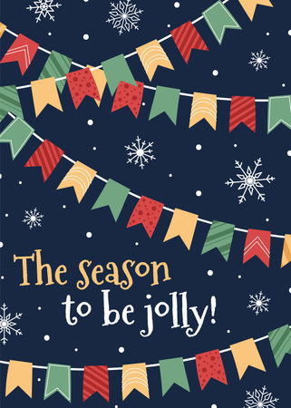 Festive christmas banner with colorful flags and snowflakes in flat style. Vector illustration for poster, greeting card, invitation, etcのイラスト素材