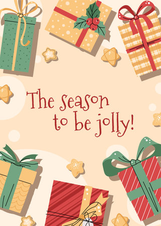 Christmas greeting card with gift boxes and stars in a flat cartoon style. Vector illustration for poster, banner, invitation, etcのイラスト素材