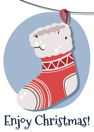 Christmas greeting card with a hanging Christmas stocking in a flat cartoon style. Vector illustration for poster, banner, invitation, etcのイラスト素材