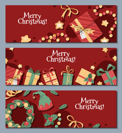 Set of Christmas horizontal banners with gift boxes, a Christmas wreath and stars in a flat cartoon style. Vector background for poster, banner, invitation, etcのイラスト素材