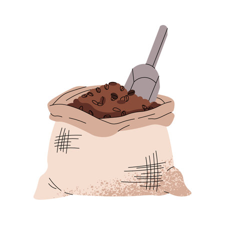 Coffee beans in canvas sack. Flat vector illustrations isolated on white background.のイラスト素材