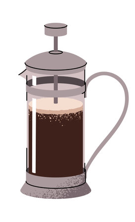 French Press for Making Tea or Coffee. Equipment for brewing hot coffee drinks. Flat cartoon illustration isolated on white background.のイラスト素材