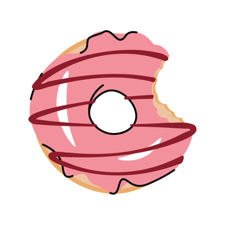 Sweet Sweet bitten donut donut, donut ring with strawberry icing. Flat cartoon illustration isolated on white background.のイラスト素材