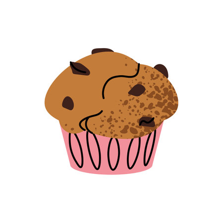 Chocolate chip cupcake icon. Vector tasty baked goods, muffin, sweet nutritious snack, lunch or...