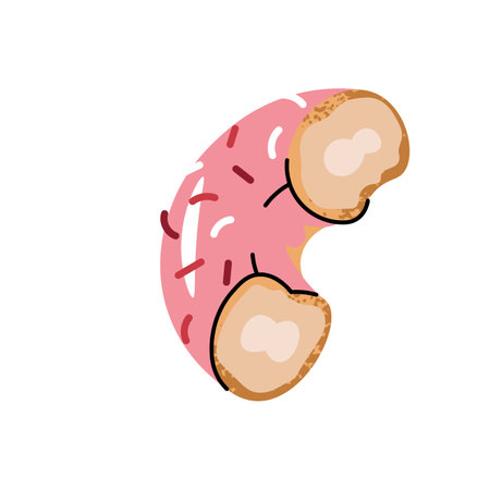 Sweet Sweet bitten donut donut, donut ring with strawberry icing and candy sprinkles. Flat cartoon illustration isolated on white background.のイラスト素材
