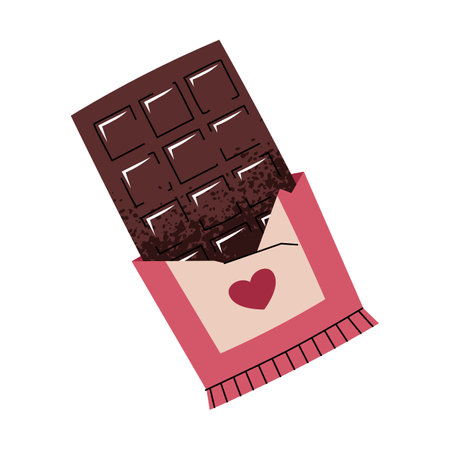 Chocolate in open wrapper in flat cartoon style. Candy on white background. Vector illustration for Valentine's day for cards, stickers, banners, etcのイラスト素材