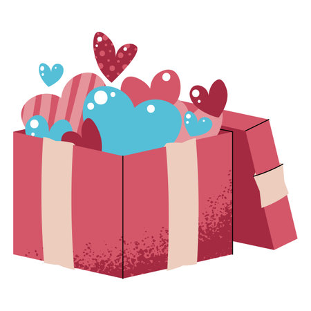 Gift box with hearts in flat cartoon style. Holiday present with hearts flying out on white background. Vector illustration for Valentines day for cards, stickers, banners, etc.のイラスト素材