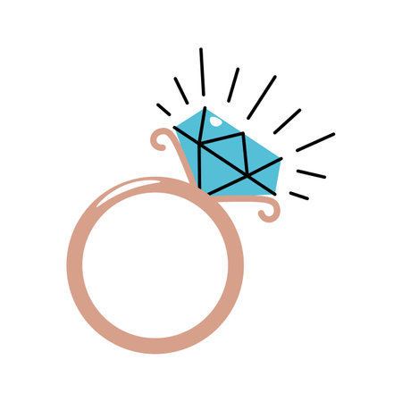 Gold wedding ring with diamond in flat cartoon style. Finger decoration on white background. Valentines day vector illustration for cards, stickers, banners, etcのイラスト素材