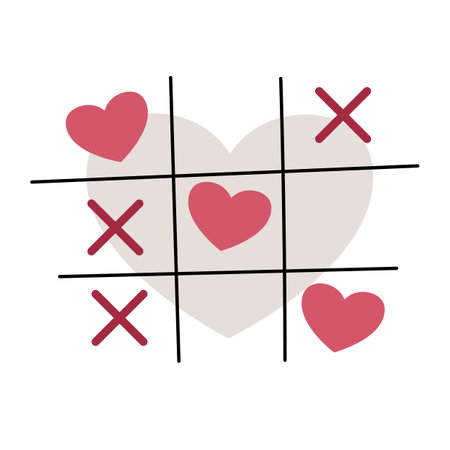 Tic Tac Toe in flat cartoon style. Love game on white background. Valentines day vector illustration for cards, stickers, banners, etc.のイラスト素材