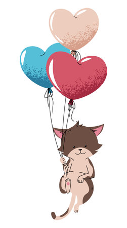 Cute brown cat flying on balloons in flat cartoon style. Favorite pet on white background. Valentine's day vector illustration for cards, stickers, banners, etcのイラスト素材