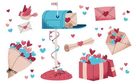 Valentine's day hand drawn cute elements set. Lovely stickers in doodle style. Mailbox, bird, envelope, love mail and heartsのイラスト素材