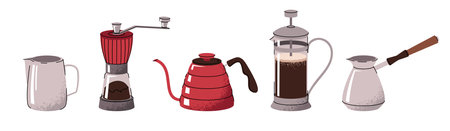 Barista tool set. Appliances for making hot coffee drinks in cartoon style. Flat vector illustrations isolated on white background.のイラスト素材