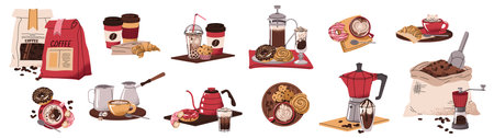 Set of illustrations of breakfast with coffee in flat doodle style. Coffee drink with dessert. Coffee break. Tasty composition for menu, sticker, postcard, etc.のイラスト素材