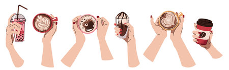 Hands with different hot aroma coffee drinks. Cappuccino, espresso, Americano, latte Beverage for Breakfast, Lunch or Coffee Break. Flat vector illustrations isolated on white background.のイラスト素材