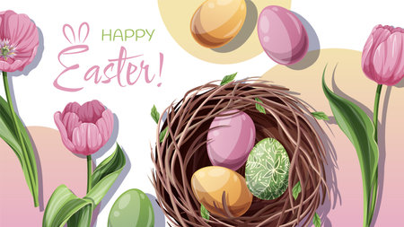 Happy Easter Banner Design with Nest, Colorful Eggs, and Tulips. Happy Easter Celebration. Spring Vector Background for Cards, Posters, and Social Media. Perfect for Festive Promotions.のイラスト素材