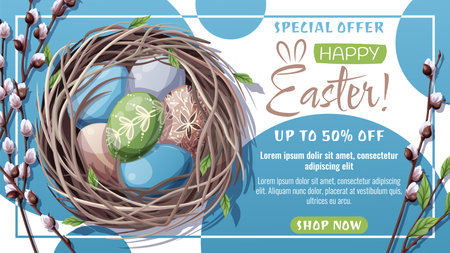 Happy Easter Sale Web Banner with Nest, Colorful Eggs, and Willow Branches. Festive Poster for Spring Promotions. Perfect for Advertising, Social Media, Banners, and Seasonal Sales Campaignsのイラスト素材