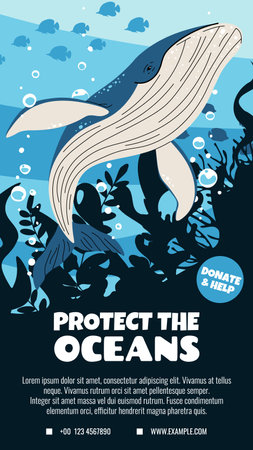 Flat Style Whale Illustration for World Oceans Day. Vertical Social Media Template Supporting Marine Life Protection. Vertical Vector Illustration for Eco Awareness Campaigns.のイラスト素材