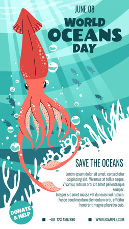 World Oceans Day Flat Design Template. Squid and Coral Reef Illustration for Social Media Stories. Marine Conservation Vertical Vector Art for Eco Campaigns.のイラスト素材